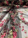 embroidery lace , besic mesh black and flower pink on it , one way stretch, 58" width by yard