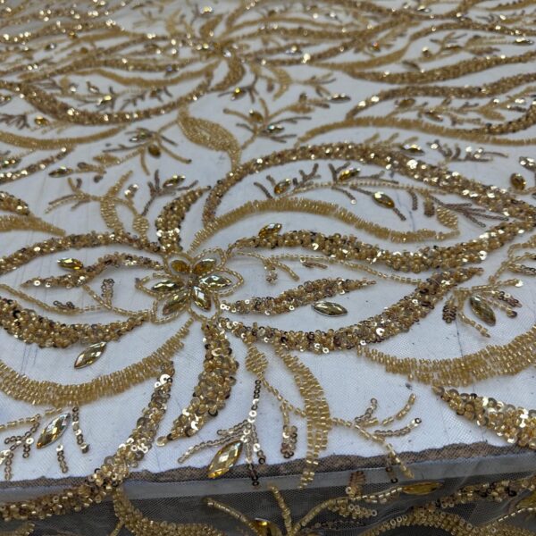 Gold Beaded Lace Fabric/56" Wide, Stone Embellished