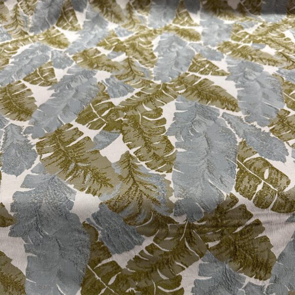 Metallic Leaf Brocade Fabric, Green Gold Gray Jacquard 58" Wide