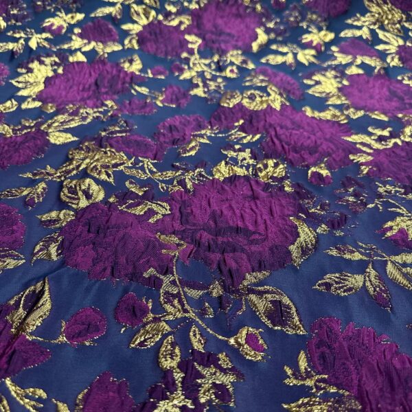 Plum & Gold Floral Brocade Fabric  Navy Blue Organza, Woven Jacquard