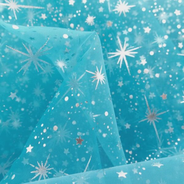 Turquoise Sheer Organza Fabric Silver Star Bursts, Sparkle Tulle