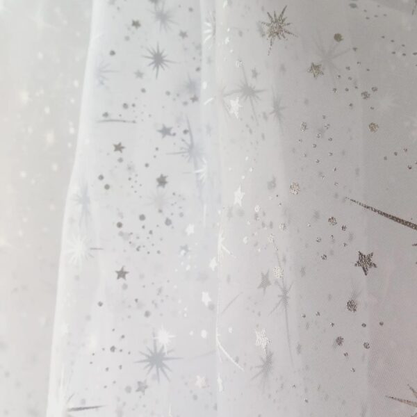 Silver Foil Star Organza Fabric  White Sheer Sparkle Tulle, 58/60" Wide