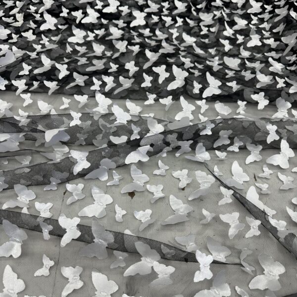 Black Butterfly 3D Appliqué Mesh Fabric by the Yard | Sheer Black Tulle with White Satin Butterflies | 58/60” Wide | Bridal, Costumes