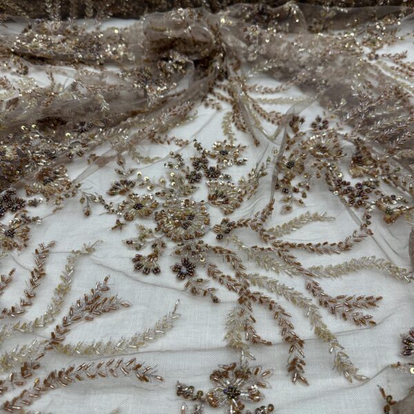 Bronze Gold Beaded Embroidered Lace Fabric on Mesh | 3D Pearls & Sequins | Wedding Lace by the Yard | Evening Gown, Bridal Overlay