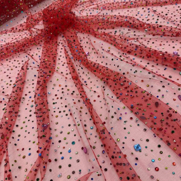 Red Rhinestone Mesh Tulle Fabric | Multicolor Diamond Crystal Embellished Tulle | Sparkly Stretch Mesh by the Yard | Dancewear, Gowns