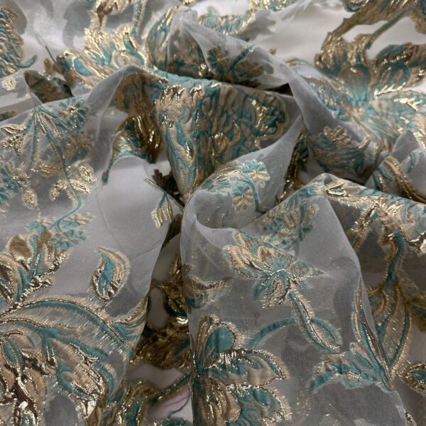 Green & Gold Floral Brocade Fabric Sheer Embroidered Organza by the Yard