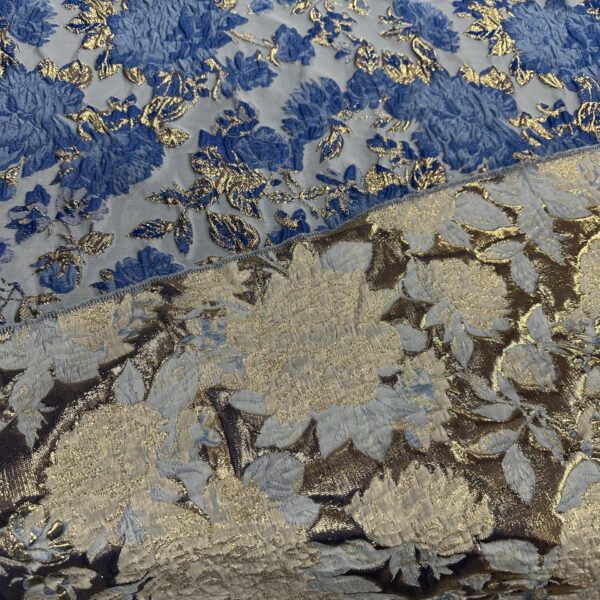 Royal Blue Floral Brocade Fabric  Gold Metallic Jacquard Organza