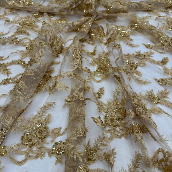Gold Sequin Floral Lace Fabric: Embroidered Mesh, Bridal  Evening Gown