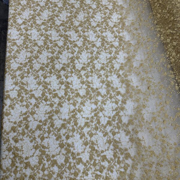 Gold Beaded & Sequin Lace Fabric  Floral Star  Scallop Embroidered Mesh | Luxury Bridal, Prom  Evening Gown Lace, 52/54” Wide