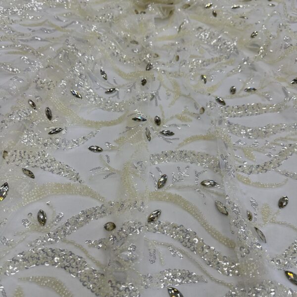 Ivory Beaded / Rhinestone Lace Fabric | Luxury Bridal Embroidered Mesh with Sequins & Crystals | Wedding Gown Lace, 52/54” Wide