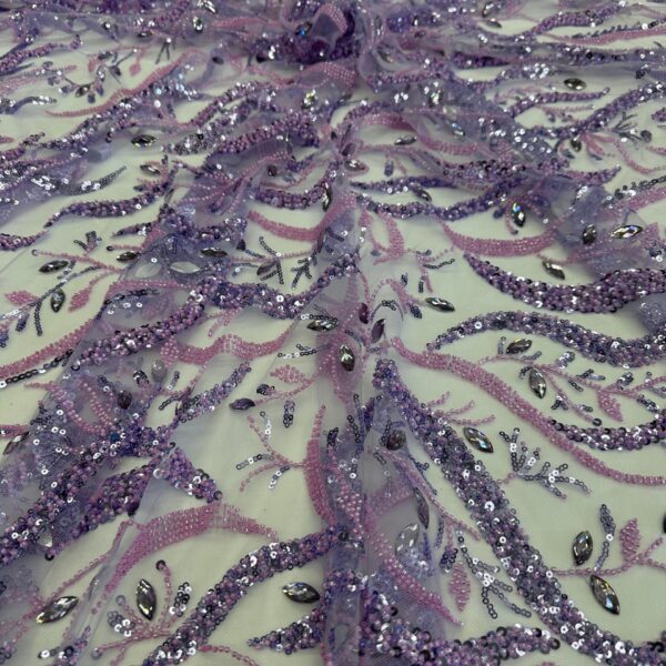 Lavender Beaded / Sequin Lace Fabric | Light Purple Embroidered Mesh with Crystals | Evening Gown, Prom Dress /Couture Lace, 52/54” Wide