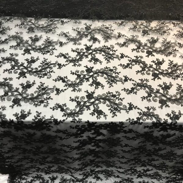 Black Floral Embroidered Lace Fabric  Beaded Scalloped Edge Bridal Veil