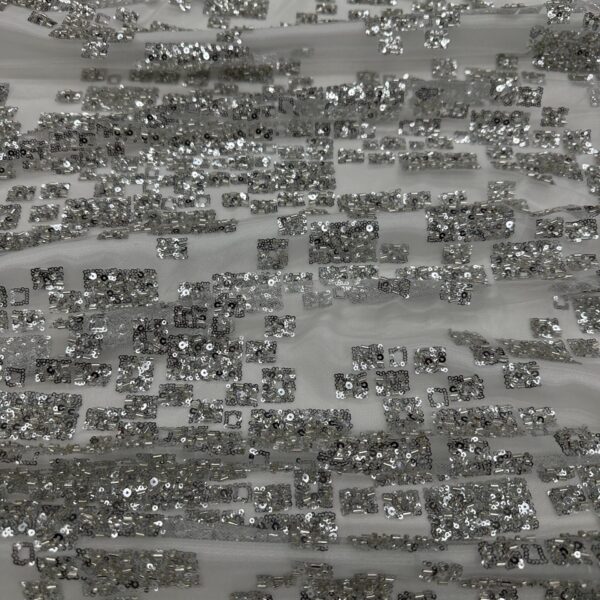 Silver Sequin Lace Fabric: Embroidered Geometric Mesh, 52" Wide