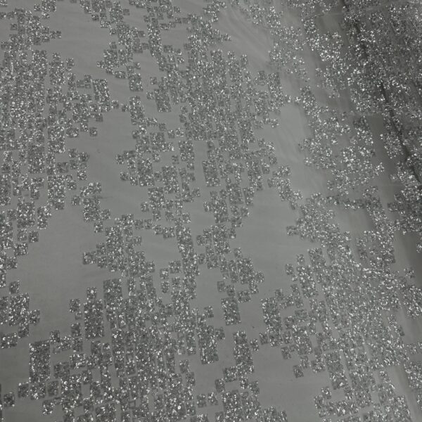 White Silver Sequin Lace Fabric by the Yard | 52” Wide Embroidered Mesh | Luxury White Beaded Sequin Fabric for Bridal Gowns, Dresses