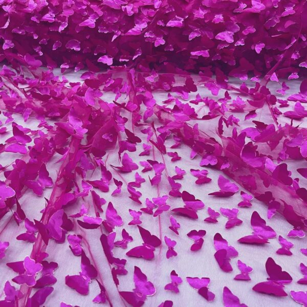 Hot Pink 3D Butterfly Tulle Fabric by the Yard | 52” Wide | Dimensional Appliqué Mesh for Dresses, Gowns, Décor