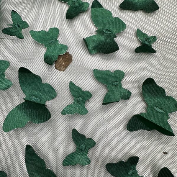 Emerald Green 3D Butterfly Mesh Fabric by the Yard | Sheer Tulle with Satin Butterfly Appliqués | 58/60” Wide | Bridal, Dresses, Costumes