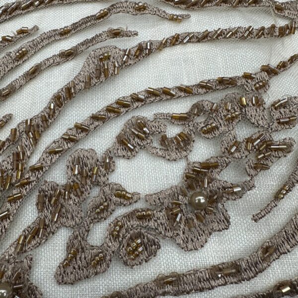 Bronze Gold Beaded Lace Fabric 3D Floral Pearl Sequin Embroidery