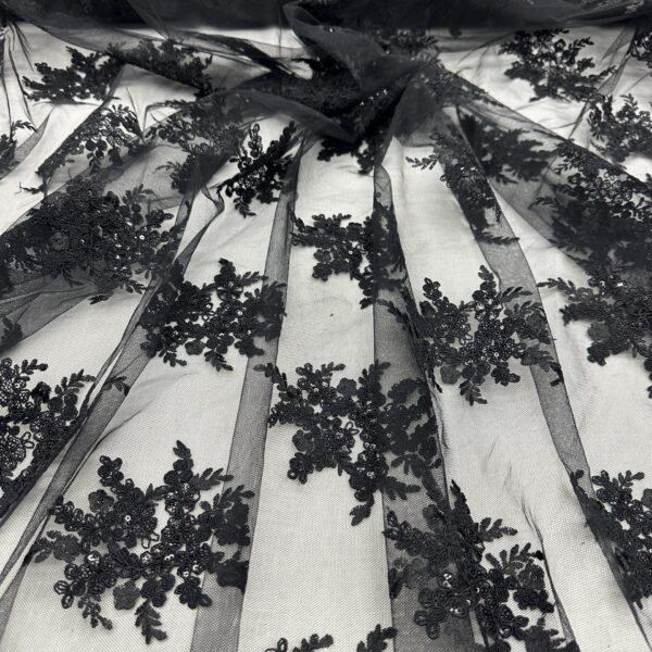 Black 3D Floral Beaded Lace Fabric  Bridal Evening Gown