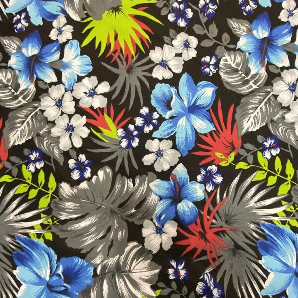 Tropical Hibiscus Cotton Fabric  Black, Blue Floral Print (58" Wide)