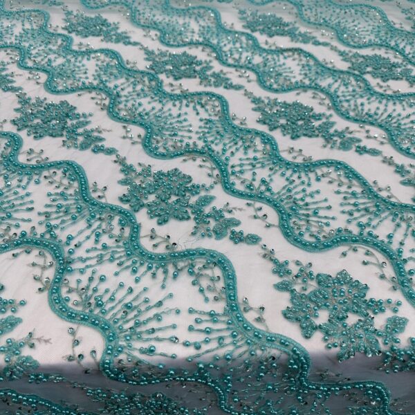 Aqua Beaded Sequin Lace Fabric Floral Embroidered Mesh, Bridal Gown