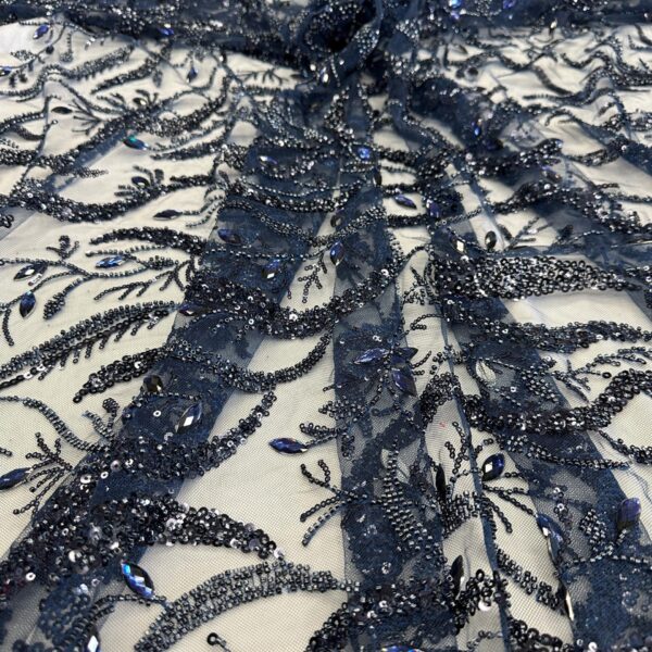 Navy Blue Beaded & Sequin Lace Fabric | Luxury Embroidered Mesh with Crystals | Evening Gown, Prom Dress  Couture Lace, 52/54” Wide