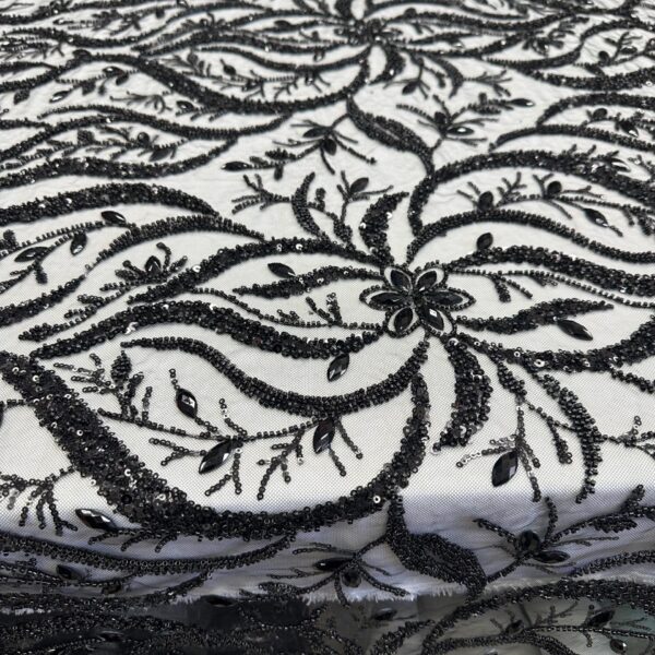 Black Sequin Beaded Lace Fabric  Embroidered Floral Mesh, 52/54" Wide
