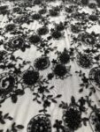 Black Beaded Floral Lace Fabric by the Yard | 3D Embroidered Lace with Sequins & Beads | Luxury Mesh Lace for Gowns, Dresses, Bridal