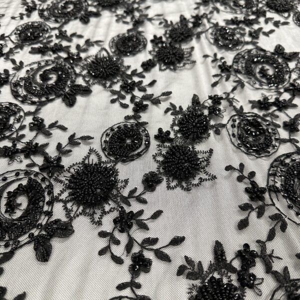 Black Beaded Floral Lace Fabric by the Yard | 3D Embroidered Lace with Sequins & Beads | Luxury Mesh Lace for Gowns, Dresses, Bridal