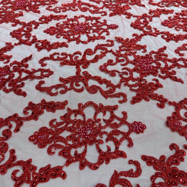 Red Beaded Embroidered Damask Lace Fabric  Couture Bridal Gowns