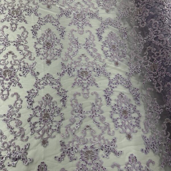 Lilac Beaded Lace Fabric  Embroidered Floral Damask, Couture Bridal