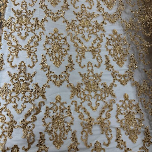 Gold Beaded Embroidered Lace Fabric by the Yard | Luxury Floral Damask Lace on Mesh | Sequins & Pearls for Gowns, Bridal, Prom, Couture