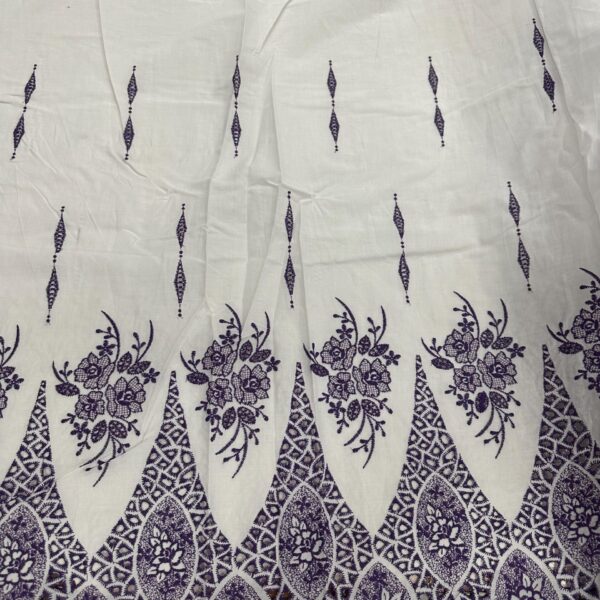 White Cotton Fabric with Purple Floral Embroidered Scalloped Border Sewing