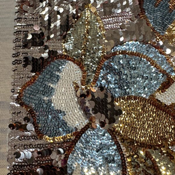 Luxury 3D Sequin Lace Fabric Floral Embroidered Mesh, Gold/Bronze/Blue - By The Yard