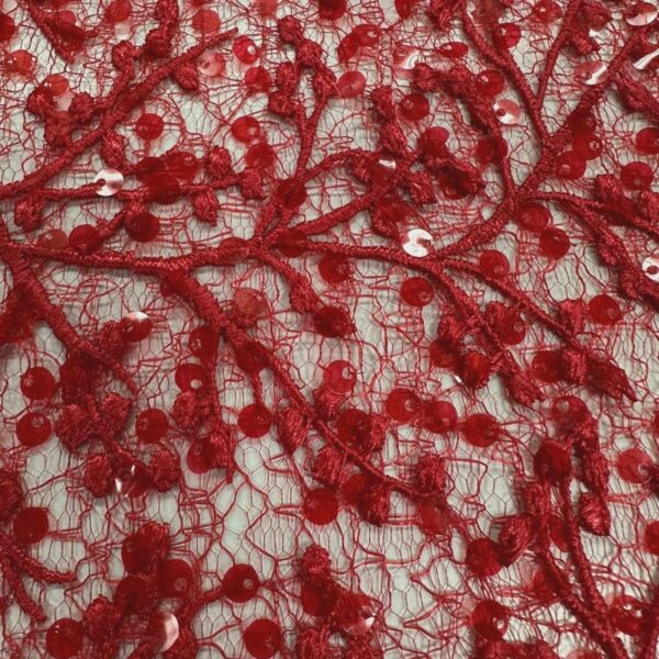 Red 3D Sequin Lace Fabric  Branch Design Mesh, Bridal Gowns