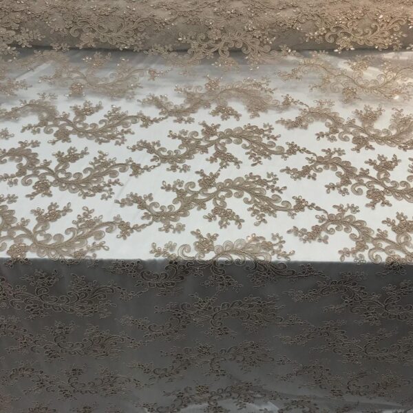 Mocha Floral Embroidered Lace Fabric  Corded Sequins, Bridal Couture