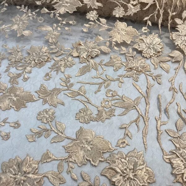 Champagne 3D Floral Embroidered Lace Fabric  Bridal Gown, Veil
