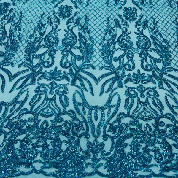 Turquoise Iridescent Sequin Damask Fabric | 4-Way Stretch Mesh | Shiny Glitter Sequins for Gowns, Dancewear, Costumes, Prom / Decor
