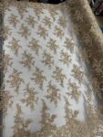 Gold Embroidered Lace Fabric with Sequins | Luxury Floral Appliqué Design on Sheer Mesh | 50–54” Wide | Bridal, Gown by the Yard