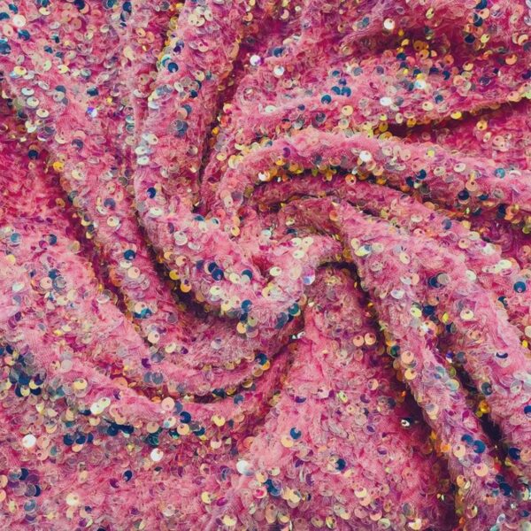 Pink Iridescent Sequin Velvet Fabric | 3D Shaggy Texture