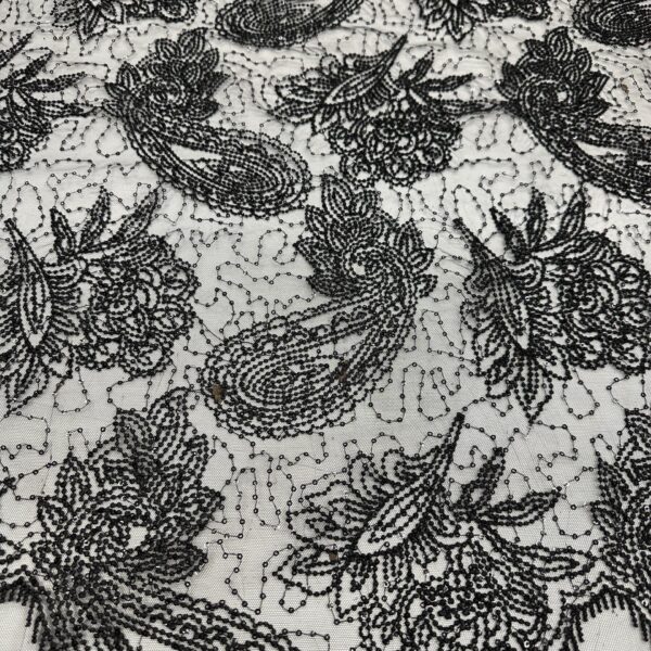 Black Embroidered Lace Fabric by the Yard | Paisley Floral Mesh Lace | Elegant Eveningwear & Bridal Overlay | 52/54” Wide