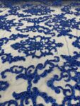 Royal Blue Beaded Embroidered Lace Fabric by the Yard | Luxury Floral Damask Lace on Mesh | Sequins & Beads for Gowns, Prom, Bridal, Couture