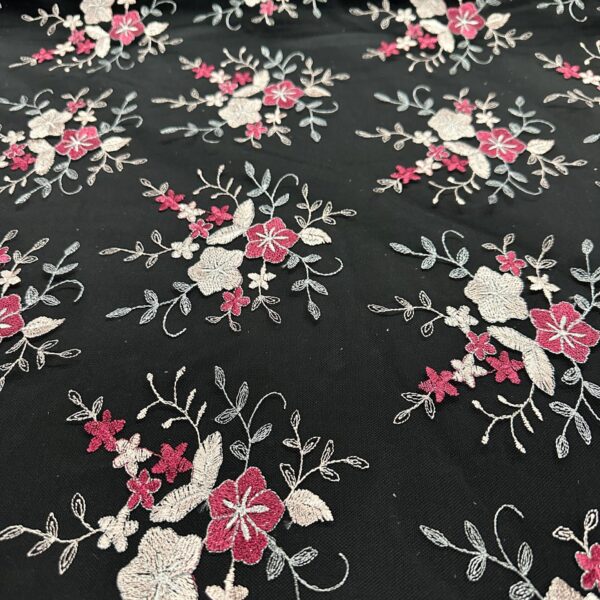Black Floral Embroidered Lace Fabric with Scalloped Border | Pink  Ivory Flower Design | 58–60” Wide | Sheer Lace for Dresses, Gowns, Skirts