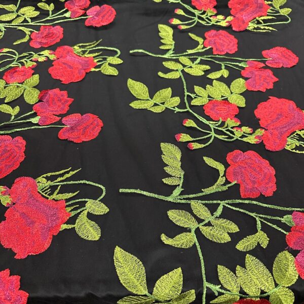 Red Rose Embroidered Lace Fabric on Black Mesh | Large Floral Design | 58–60” Wide | Couture Lace for Dresses, Gowns, Costumes  by the Yard