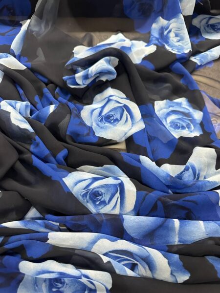 Blue Rose Floral Chiffon Fabric  Lightweight Sheer Black Background