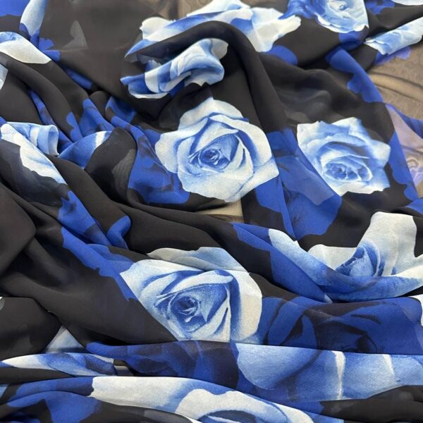 Blue Rose Floral Chiffon Fabric  Lightweight Sheer Black Background