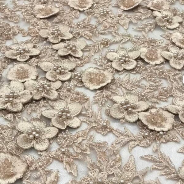Champagne 3D Floral Beaded Lace Fabric – Luxury Embroidered Mesh Lace with Pearls for Bridal, Wedding / Couture Gowns