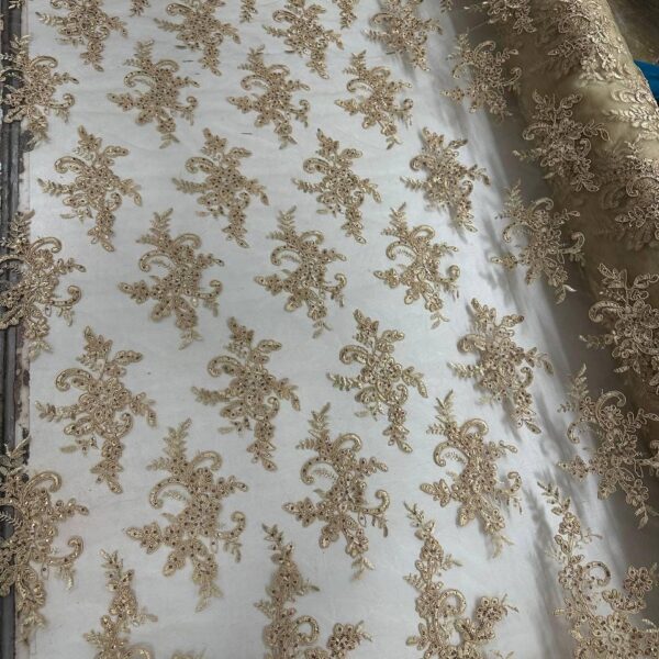Gold Embroidered Lace Fabric – Luxury Floral Mesh Lace with Sequins for Bridal, Evening Gowns Couture Designs