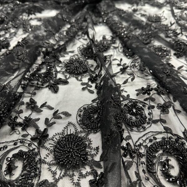 Black Beaded Lace Fabric – Luxury Embroidered Mesh Lace with Hand Beading for Evening Gowns Couture Designs