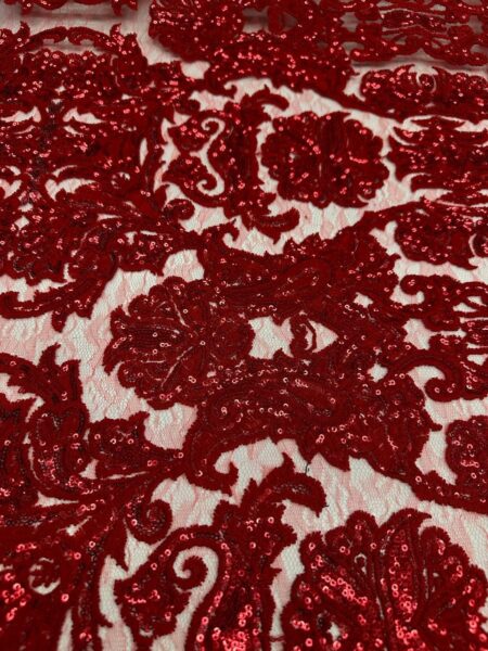 Red Sequin Lace Fabric | Embroidered Floral Lace on Mesh | Bridal, Evening Gown, Dressmaking, DIY Sewing Fabric