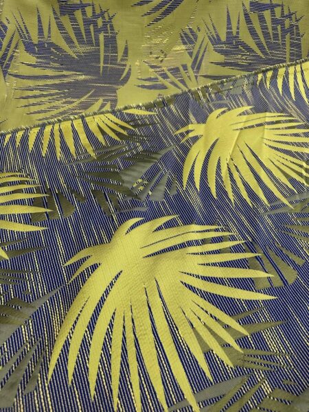 Chartreuse Palm Leaf Brocade Fabric  Navy Jacquard Upholstery Textile